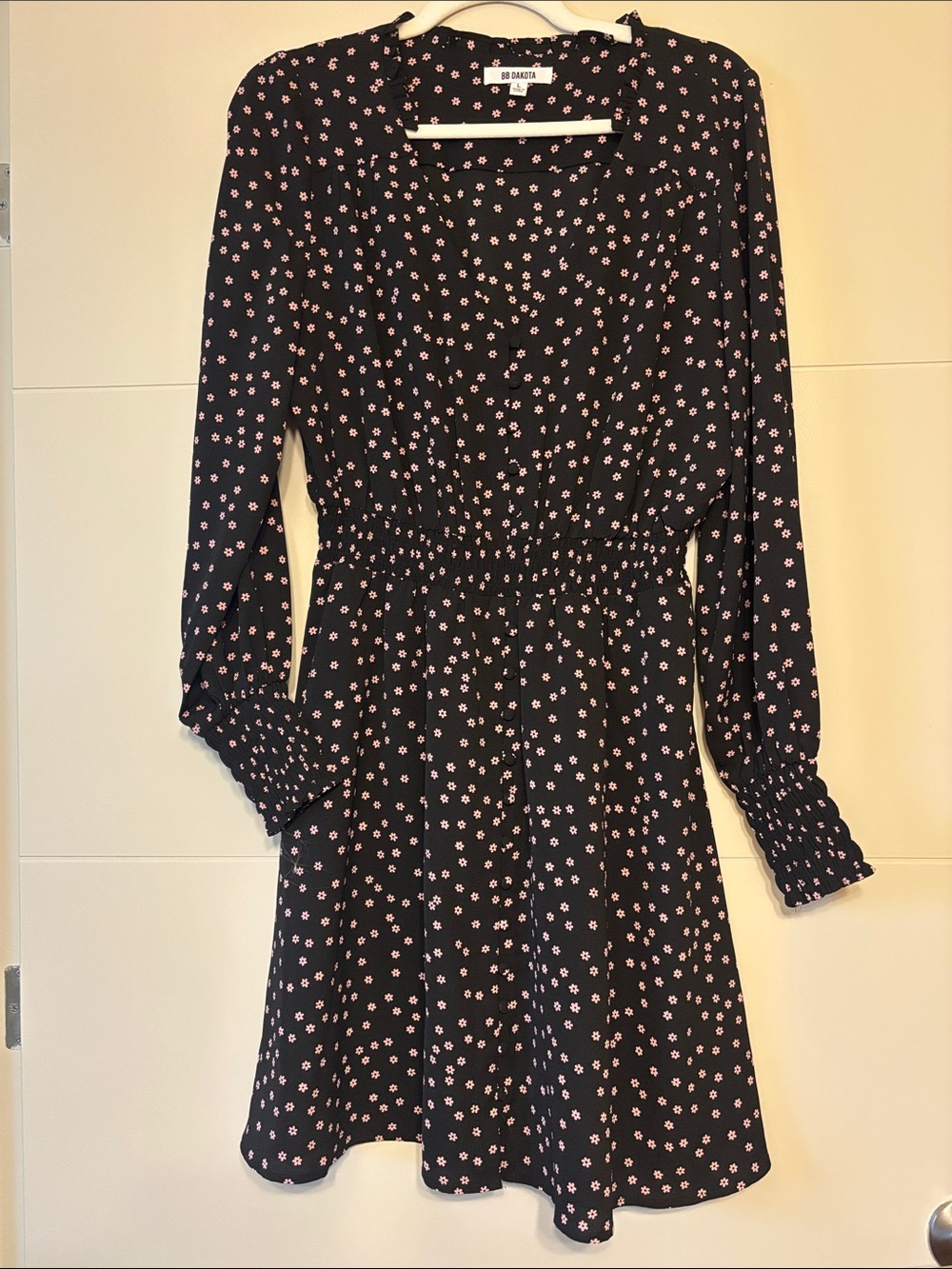 BB Dakota Black Dress with Pink Daisy Print and Smocked Waist